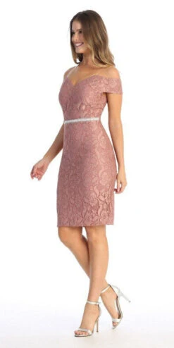 Celavie 6333 Off-the-Shoulder Cocktail Dress Embellished Waist(Baby Blue Off The Shoulder Cocktail Dress Embellished Waist) -Dress Promotion Store 6333 mauve side