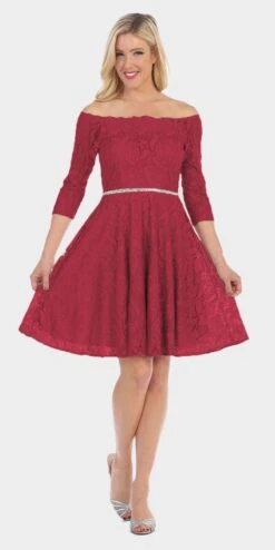 Celavie 6343S Off-the-Shoulder Short Lace A-Line Dress Mid Length Sleeves(Off The Shoulder Short Lace Homecoming Dress Baby Blue) -Dress Promotion Store 6343 celavie burgundy