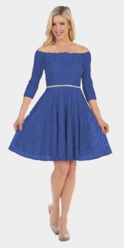 Celavie 6343S Off-the-Shoulder Short Lace A-Line Dress Mid Length Sleeves(Off The Shoulder Short Lace Homecoming Dress Baby Blue) -Dress Promotion Store 6343 celavie royal blue