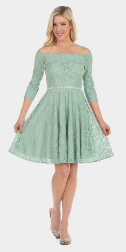 Celavie 6343S Off-the-Shoulder Short Lace A-Line Dress Mid Length Sleeves(Off The Shoulder Short Lace Homecoming Dress Baby Blue) -Dress Promotion Store 6343 celavie sage green 1