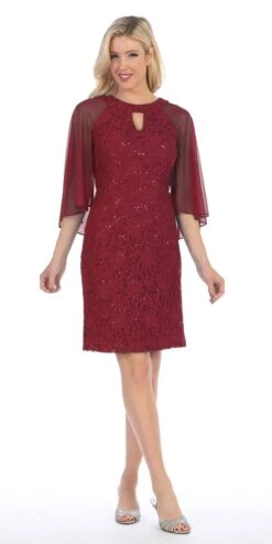 Celavie 6352-S Lace Dress Knee Length With Flutter Sleeves(Royal Blue Wedding Guest Dress With Flutter Sleeves) -Dress Promotion Store 6352s celavie burgundy