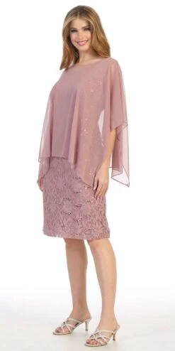 Celavie 6365 Short Lace Sleeveless Dress With Poncho Overlay(Celavie 6365 Short Lace Mauve Dress Semi Formal With Poncho) -Dress Promotion Store 6365 celavie mauve left side