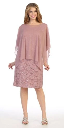 Celavie 6365 Short Lace Sleeveless Dress With Poncho Overlay(Celavie 6365 Short Lace Mauve Dress Semi Formal With Poncho)