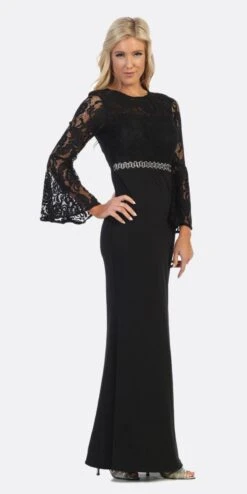 Celavie 6374 Beaded Waist Long Dress With Long Bell Sleeves(Mauve Beaded Waist Long Formal Dress With Long Bell Sleeves) -Dress Promotion Store 6374 celavie black right 8e4a14cf a737 4ae4 847d ab1567d51acc