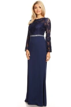 Celavie 6374 Beaded Waist Long Dress With Long Bell Sleeves(Mauve Beaded Waist Long Formal Dress With Long Bell Sleeves) -Dress Promotion Store 6374 celavie navy blue left 6b3b49d5 a413 4c7d 8a70 86962ba117ca