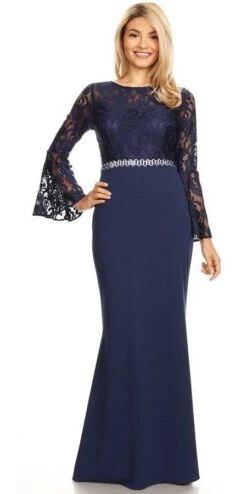 Celavie 6374 Beaded Waist Long Dress With Long Bell Sleeves(Mauve Beaded Waist Long Formal Dress With Long Bell Sleeves) -Dress Promotion Store 6374 celavie navy blue 4ab31535 fb7c 4922 9410 7212f014f95d