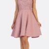 Celavie 6382 Chiffon Lace Top Knee-Length Cocktail Dress(Celavie 6382 Mauve Lace Top Knee Length Cocktail Dress)