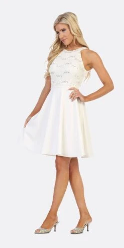 Celavie 6382 Chiffon Lace Top Knee-Length Cocktail Dress(Celavie 6382 Mauve Lace Top Knee Length Cocktail Dress) -Dress Promotion Store 6382 celavie off white side 483f4490 cc64 4fb0 8d48 5a9df2fc4650