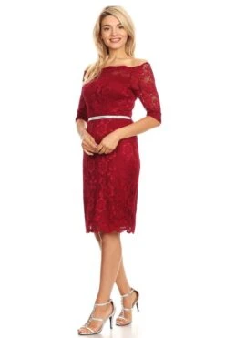 Celavie 6390S Knee Length Dress Off-Shoulder Mid Sleeve(Celavie 6390 Short Wedding Guest Dress Off Shoulder) -Dress Promotion Store 6390 celavie burgundy left