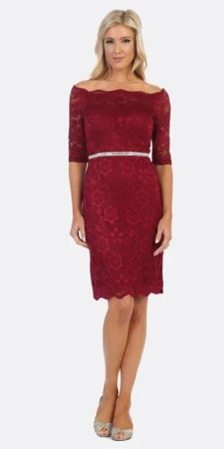 Celavie 6390S Knee Length Dress Off-Shoulder Mid Sleeve(Celavie 6390 Short Wedding Guest Dress Off Shoulder)