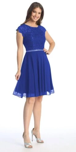 Celavie 6394-S Embellished Waist Short Dress Short Sleeves(Embellished Waist Short Wedding Guest Dress Mocha) -Dress Promotion Store 6394 S royal blue