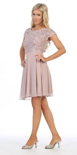 Celavie 6394-S Embellished Waist Short Dress Short Sleeves(Embellished Waist Short Wedding Guest Dress Mocha) -Dress Promotion Store 6394 celavie mocha left