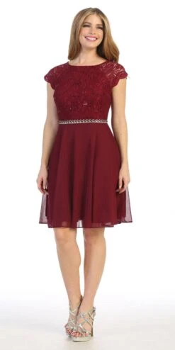 Celavie 6394-S Embellished Waist Short Dress Short Sleeves(Embellished Waist Short Wedding Guest Dress Mocha) -Dress Promotion Store 6394s celavie burgundy 1
