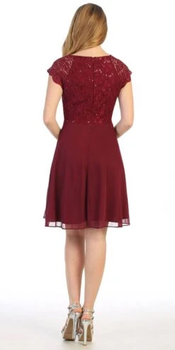 Celavie 6394-S Embellished Waist Short Dress Short Sleeves(Embellished Waist Short Wedding Guest Dress Mocha) -Dress Promotion Store 6394s celavie burgundy back 1