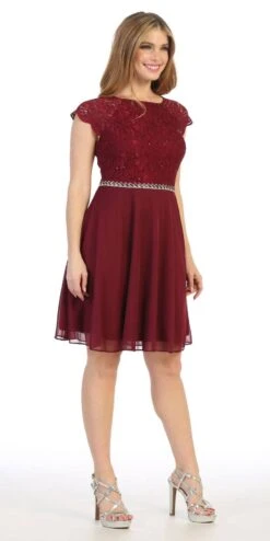 Celavie 6394-S Embellished Waist Short Dress Short Sleeves(Embellished Waist Short Wedding Guest Dress Mocha) -Dress Promotion Store 6394s celavie burgundy lef side 1