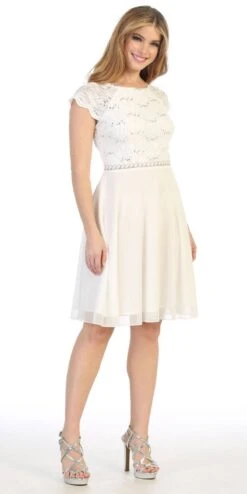 Celavie 6394-S Embellished Waist Short Dress Short Sleeves(Embellished Waist Short Wedding Guest Dress Mocha) -Dress Promotion Store 6394s celavie off white left side