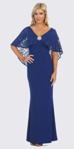 Celavie 6399 Long Sheath Dress With Lace Poncho(Royal Blue Long Formal Dress With Lace Poncho)