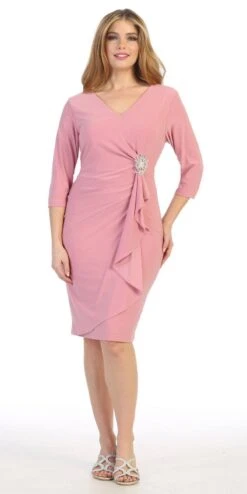 Celavie 6412 Quarter Sleeved Short Formal Dress With Brooch(Quarter Sleeved Short Formal Dress With Brooch Mauve)