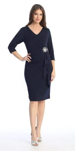 Celavie 6412 Quarter Sleeved Short Formal Dress With Brooch(Quarter Sleeved Short Formal Dress With Brooch Mauve) -Dress Promotion Store 6412Navy