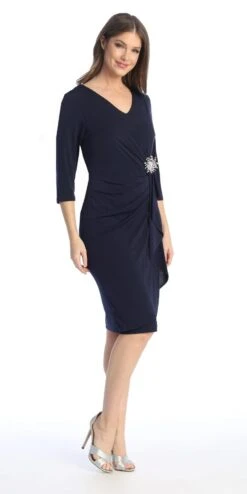 Celavie 6412 Quarter Sleeved Short Formal Dress With Brooch(Quarter Sleeved Short Formal Dress With Brooch Mauve) -Dress Promotion Store 6412Navy1