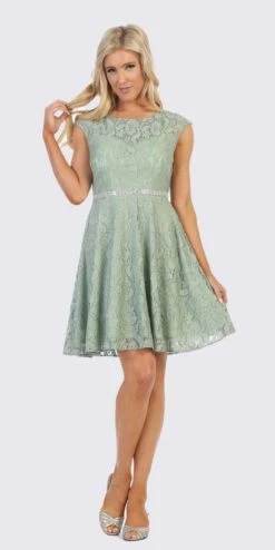 Celavie 6417 Cap Sleeve Lace A-Line Short Cocktail Dress(Cap Sleeved Sage A Line Short Homecoming Dress)