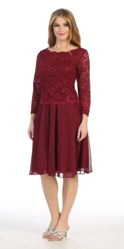 Celavie 6426 Short A-Line Dress With Quarter Sleeves(Celavie 6426 Short Wedding Guest Dress With Quarter Sleeves) -Dress Promotion Store 6426s celavie burgundy left side