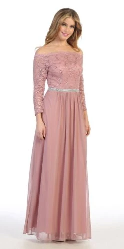 Celavie 6468 Long Sleeved Off-the-Shoulder Long Chiffon Dress(Long Sleeved Off The Shoulder Long Formal Dress Mauve) -Dress Promotion Store 6468L celavie mauve right side