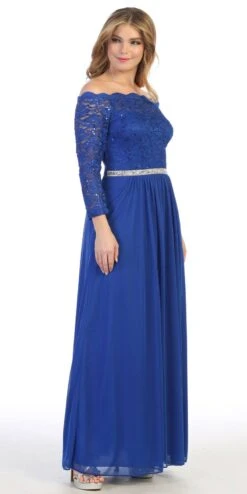 Celavie 6468 Long Sleeved Off-the-Shoulder Long Chiffon Dress(Long Sleeved Off The Shoulder Long Formal Dress Mauve) -Dress Promotion Store 6468L celavie royal blue right side