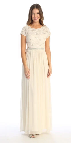 Celavie 6469 Lace Top Long A-Line Chiffon Dress With Short Sleeves(Navy Blue A Line Long Formal Dress With Short Sleeves) -Dress Promotion Store 6469 LChamp