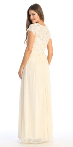 Celavie 6469 Lace Top Long A-Line Chiffon Dress With Short Sleeves(Navy Blue A Line Long Formal Dress With Short Sleeves) -Dress Promotion Store 6469 LChampB