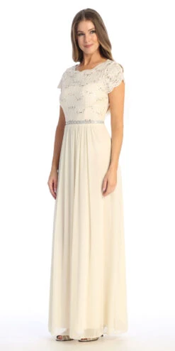 Celavie 6469 Lace Top Long A-Line Chiffon Dress With Short Sleeves(Navy Blue A Line Long Formal Dress With Short Sleeves) -Dress Promotion Store 6469 LChampL