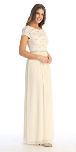 Celavie 6469 Lace Top Long A-Line Chiffon Dress With Short Sleeves(Navy Blue A Line Long Formal Dress With Short Sleeves) -Dress Promotion Store 6469 LChampR