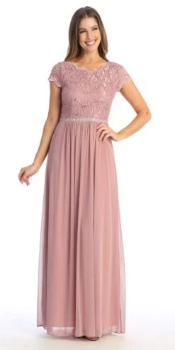 Celavie 6469 Lace Top Long A-Line Chiffon Dress With Short Sleeves(Navy Blue A Line Long Formal Dress With Short Sleeves)