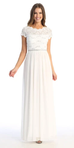 Celavie 6469 Lace Top Long A-Line Chiffon Dress With Short Sleeves(Navy Blue A Line Long Formal Dress With Short Sleeves) -Dress Promotion Store 6469 LOffWhite