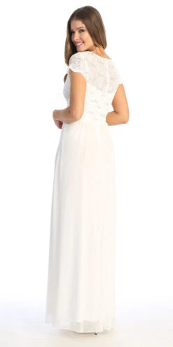 Celavie 6469 Lace Top Long A-Line Chiffon Dress With Short Sleeves(Navy Blue A Line Long Formal Dress With Short Sleeves) -Dress Promotion Store 6469 LOffWhiteB