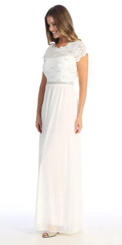 Celavie 6469 Lace Top Long A-Line Chiffon Dress With Short Sleeves(Navy Blue A Line Long Formal Dress With Short Sleeves) -Dress Promotion Store 6469 LOffWhiteL