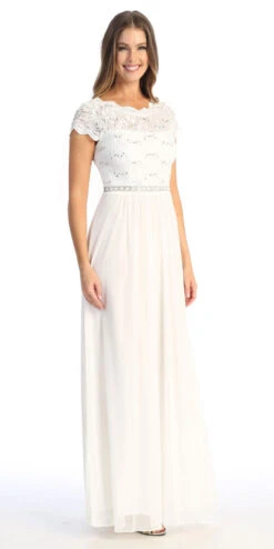Celavie 6469 Lace Top Long A-Line Chiffon Dress With Short Sleeves(Navy Blue A Line Long Formal Dress With Short Sleeves) -Dress Promotion Store 6469 LOffWhiteR
