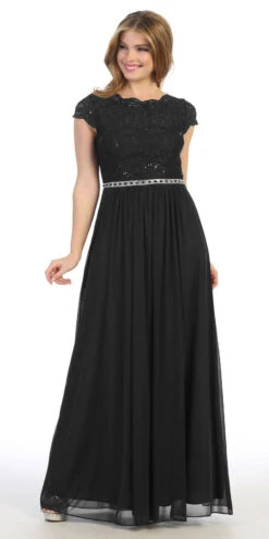 Celavie 6469 Lace Top Long A-Line Chiffon Dress With Short Sleeves(Navy Blue A Line Long Formal Dress With Short Sleeves) -Dress Promotion Store 6469 celavie black