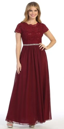 Celavie 6469 Lace Top Long A-Line Chiffon Dress With Short Sleeves(Navy Blue A Line Long Formal Dress With Short Sleeves) -Dress Promotion Store 6469 celavie burgundy b97cacc2 f495 4500 9a93 f40d225052c4