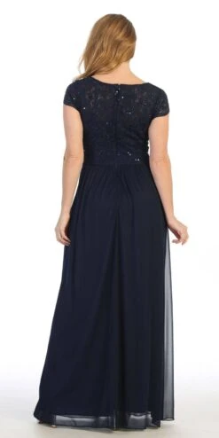 Celavie 6469 Lace Top Long A-Line Chiffon Dress With Short Sleeves(Navy Blue A Line Long Formal Dress With Short Sleeves) -Dress Promotion Store 6469 celavie navy blue back 7dac1267 4da2 45a1 bb78 dc875778c3f0