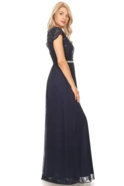 Celavie 6469 Lace Top Long A-Line Chiffon Dress With Short Sleeves(Navy Blue A Line Long Formal Dress With Short Sleeves) -Dress Promotion Store 6469 celavie navy blue right side 22823b51 b9a8 4d30 9cc7 0a04f273afe9