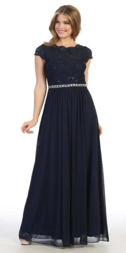 Celavie 6469 Lace Top Long A-Line Chiffon Dress With Short Sleeves(Navy Blue A Line Long Formal Dress With Short Sleeves) -Dress Promotion Store 6469 celavie navy blue cd819b7b 1e07 470d 920c 75882255a9da