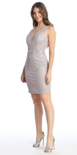 Celavie 6483-S V-Neck Glittery Short Wedding-Guest Dress(Mauve V Neck Glittery Short Wedding Guest Dress) -Dress Promotion Store 6483 SPink2