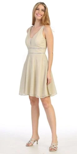 Celavie 6495S Short V-Neck And Back A-Line Dress(Short V Neck And Back Homecoming Dress Champagne)
