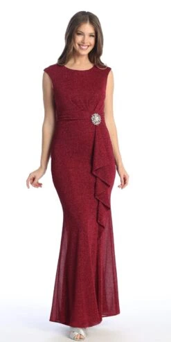 Celavie 6514-L Long Cap Sleeve Dress With Ruffle(Celavie 6514l Long Cap Sleeve Dress With Ruffle) -Dress Promotion Store 6514 LBurg