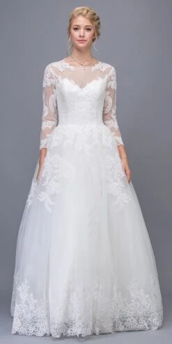 Eureka 6515 Lace Wedding Ball Gown Long Sleeves Cut-Out Back(Off White Lace Wedding Ball Gown Long Sleeves Cut Out Back)