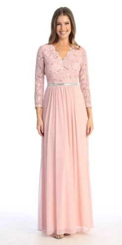 Celavie 6527-L Long Sleeve Chiffon Dress V-Neckline(Celavie 6527l Long Sleeve Chiffon Dress V Neckline)