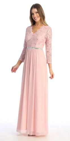 Celavie 6527-L Long Sleeve Chiffon Dress V-Neckline(Celavie 6527l Long Sleeve Chiffon Dress V Neckline) -Dress Promotion Store 6527 LBlushL