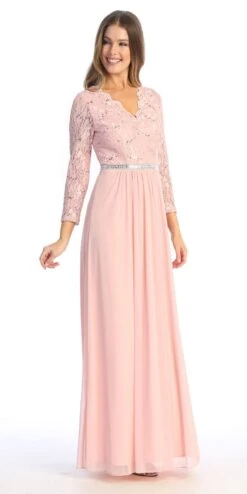 Celavie 6527-L Long Sleeve Chiffon Dress V-Neckline(Celavie 6527l Long Sleeve Chiffon Dress V Neckline) -Dress Promotion Store 6527 LBlushR