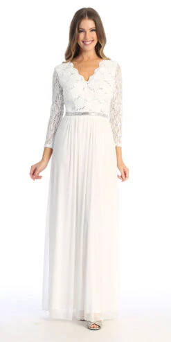 Celavie 6527-L Long Sleeve Chiffon Dress V-Neckline(Celavie 6527l Long Sleeve Chiffon Dress V Neckline) -Dress Promotion Store 6527 LOffWhite